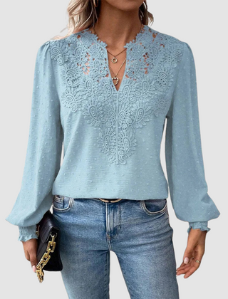 Sondra™ luxury lace blouse with V-neck, long sleeves, light blue floral yoke