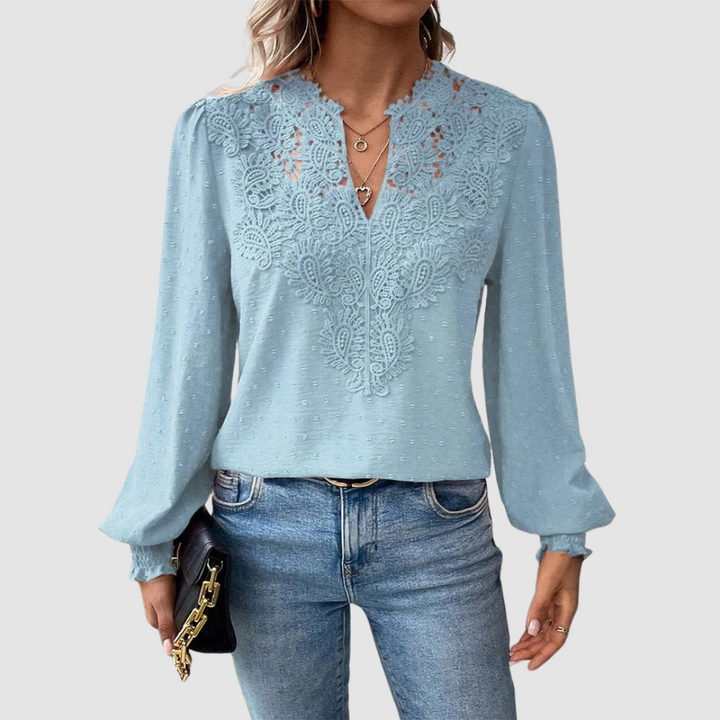 Sondra™ luxury lace blouse with V-neck, long sleeves, light blue floral yoke