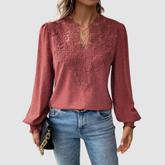Wine red lace blouse with V-neck and long puff sleeves