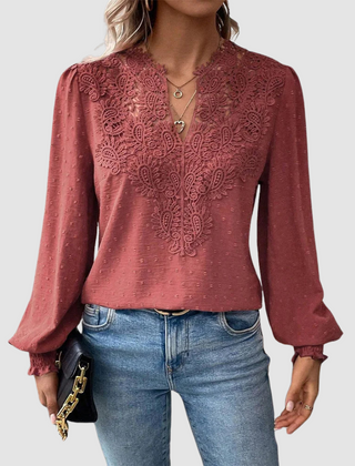 Wine red lace blouse with V-neck and long puff sleeves