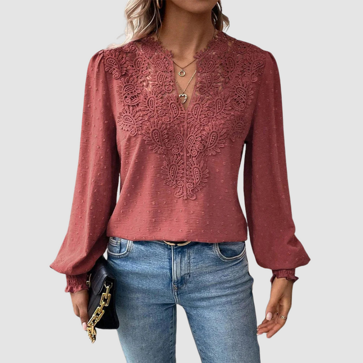 Wine red luxury lace blouse with V-neck and long bell sleeves, ornate lace yoke trim