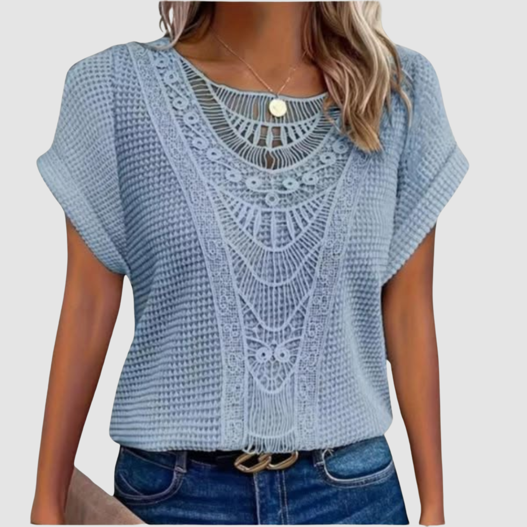 Light blue lace crochet top with scalloped neckline and short flutter sleeves