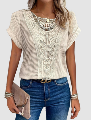 Beige lace crochet top with scalloped neckline and short flutter sleeves