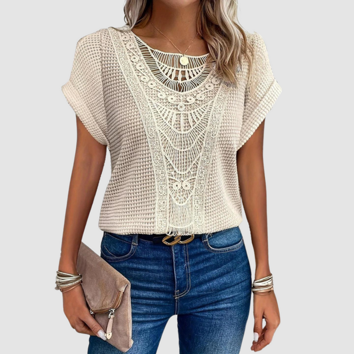 Beige lace crochet top with scalloped neckline and short flutter sleeves