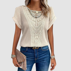 Sophie™ chic lace top in beige knit with scalloped lace yoke and short sleeves.