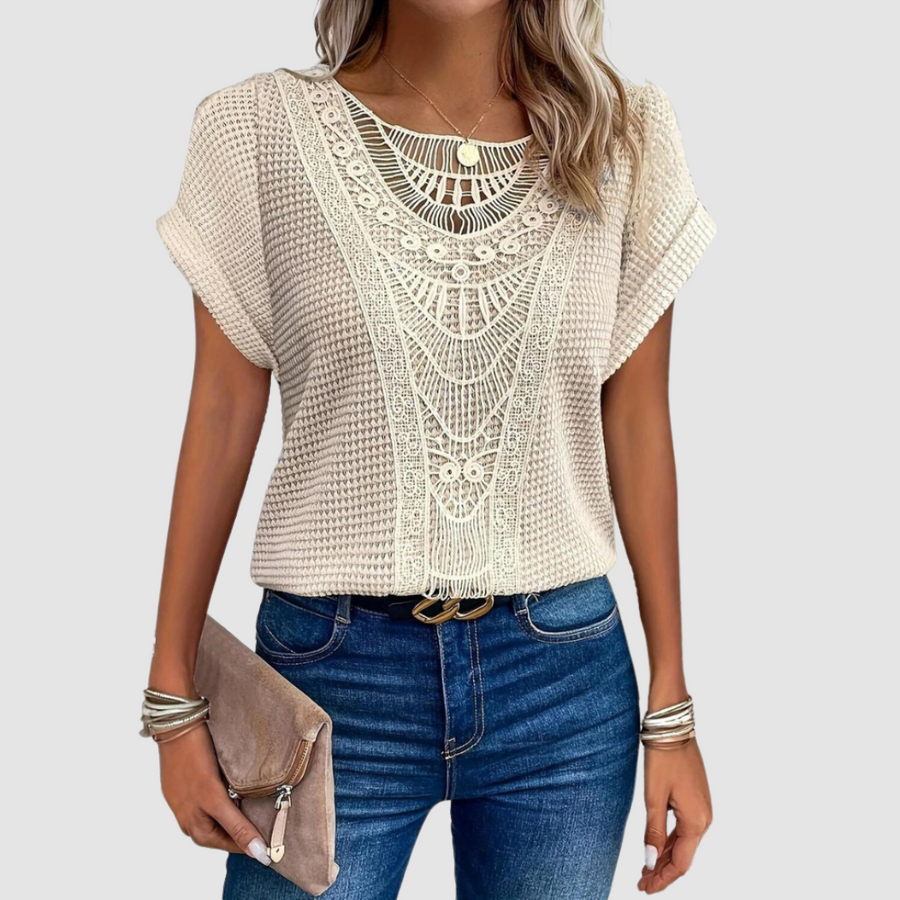 Sophie™ chic lace top in beige knit with scalloped lace yoke and short sleeves.