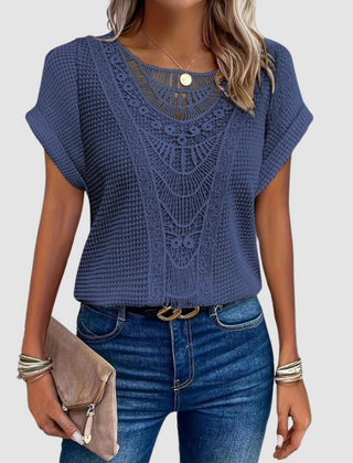Sophie™ chic lace top in dark blue knit with scalloped lace yoke and short sleeves.