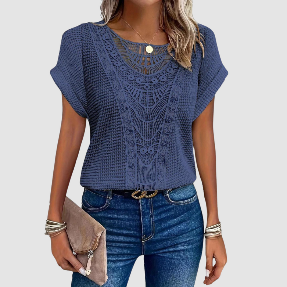 Sophie™ chic lace top in dark blue knit with scalloped lace yoke and short sleeves.