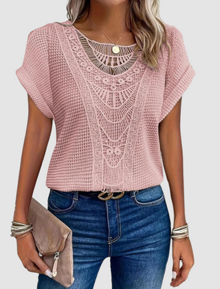 Sophie™ chic lace top in pink knit with scalloped lace yoke and short sleeves.