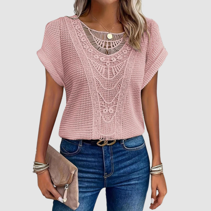 Sophie™ chic lace top in pink knit with scalloped lace yoke and short sleeves.