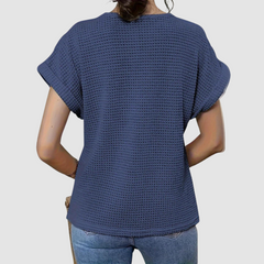 Dark blue lace crochet top back view with short flutter sleeves
