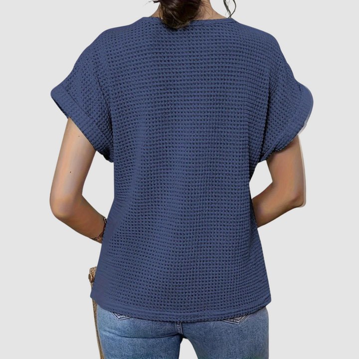 Dark blue lace crochet top back view with short flutter sleeves