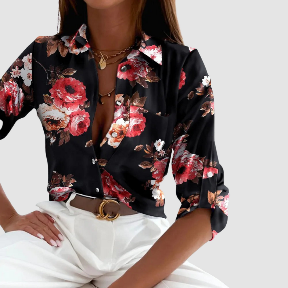 Chic pocket blouse in black with red floral print, button-front, cuffed long sleeves