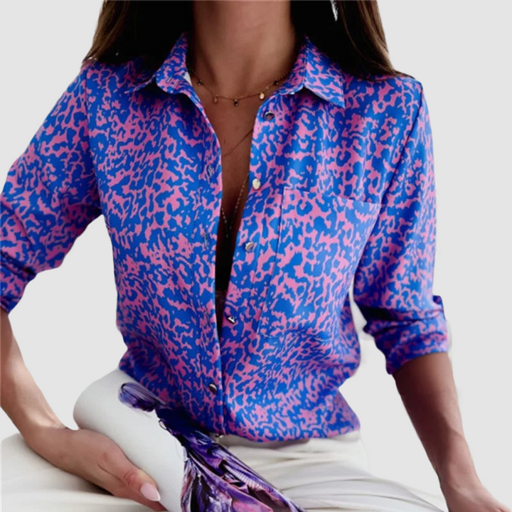 Purple leopard print button-front pocket blouse with long sleeves