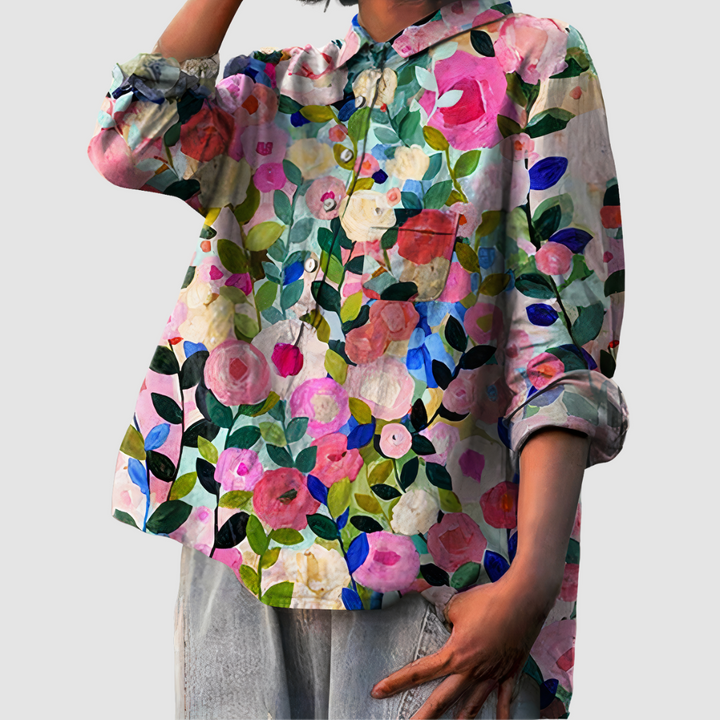 Multicolor floral button-up blouse with collar and chest pocket, long sleeves