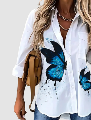 Breathable button-up blouse, white with large blue butterfly print