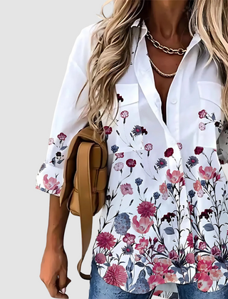 Breathable button-up blouse, white with pink and magenta floral print