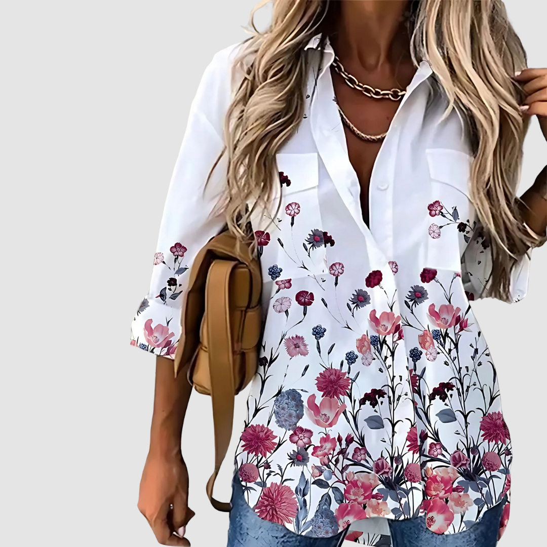 Breathable button-up blouse, white with pink and magenta floral print