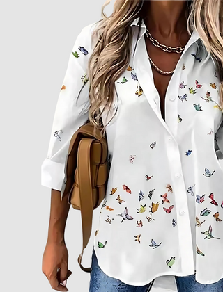 Breathable button-up blouse, white with scattered small colorful birds and insects