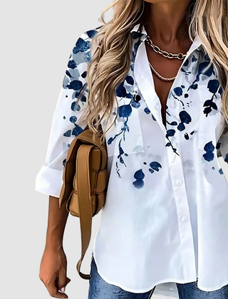 Breathable button-up blouse, white with navy blue floral print and button front