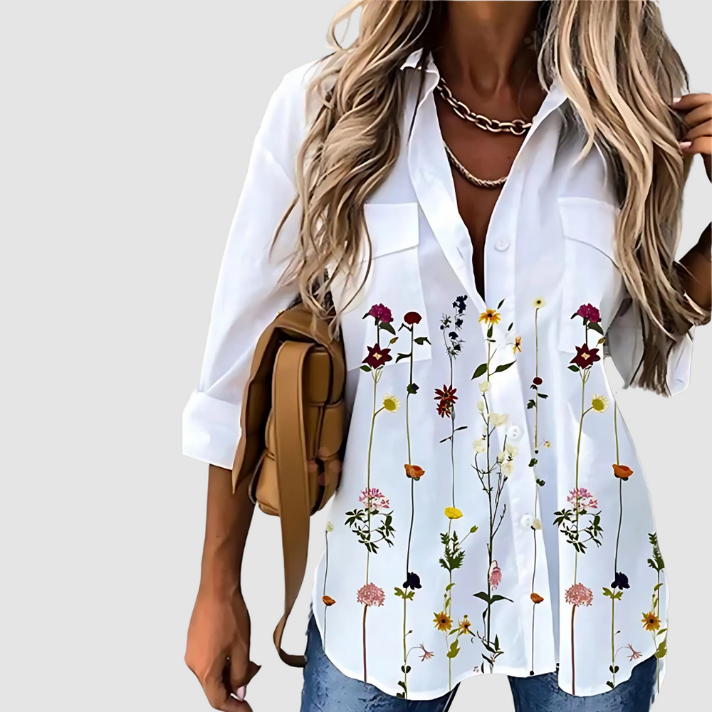 White button-up blouse with vertical multi-color flower stems print