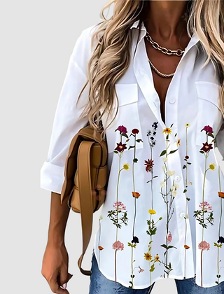 Breathable button-up blouse, white with colorful wildflower vine vertical print