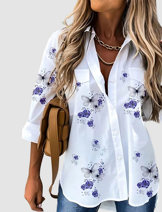 Breathable button-up blouse, white with purple floral print and long sleeves
