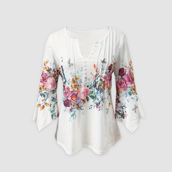 Soft white floral blouse with button front, gathered V-neck, and 3/4 sleeves