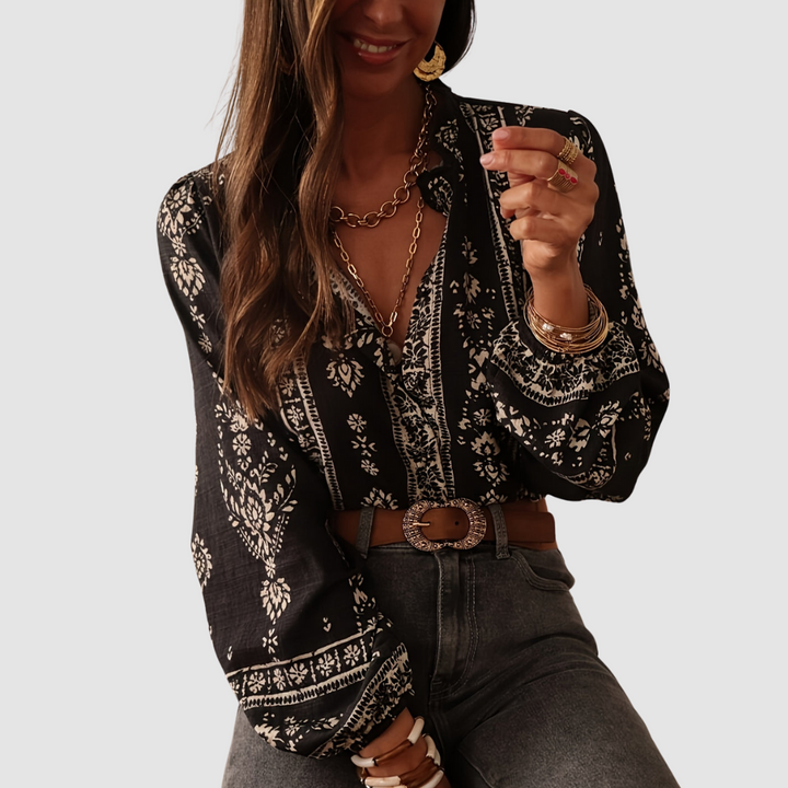 Shade black boho blouse with white floral embroidery, V-neck, long sleeves