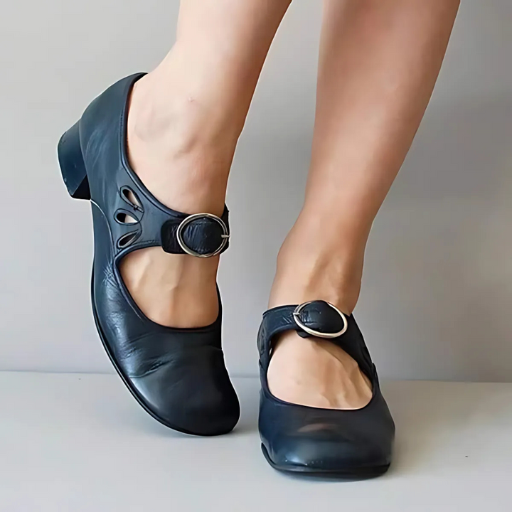 Navy leather sandals with oval buckle straps and cutout toe detail, low block heel