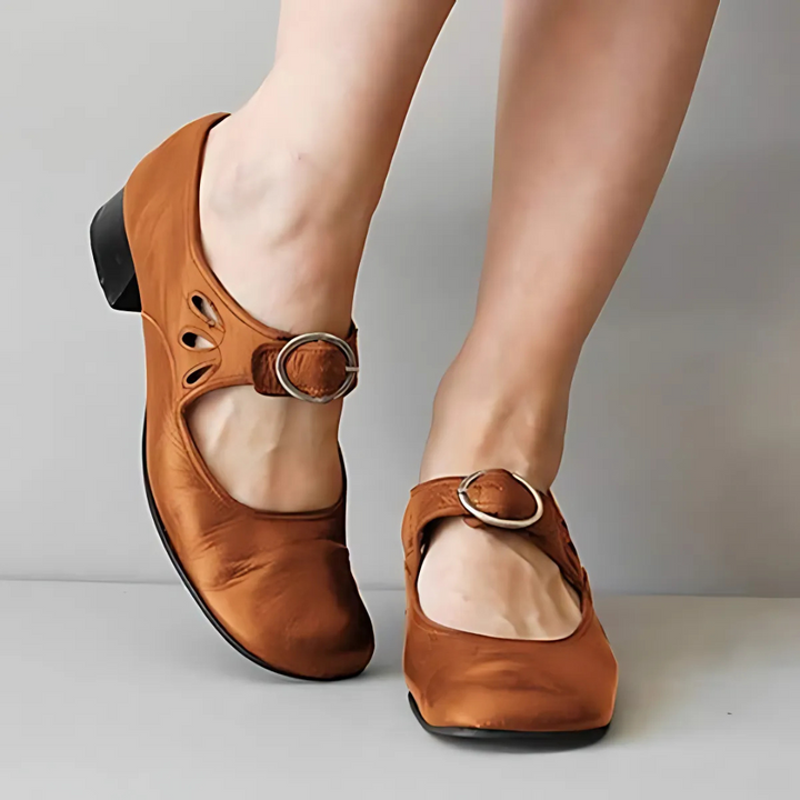 Khaki leather sandals with oval buckle straps and cutout toe, low block heel