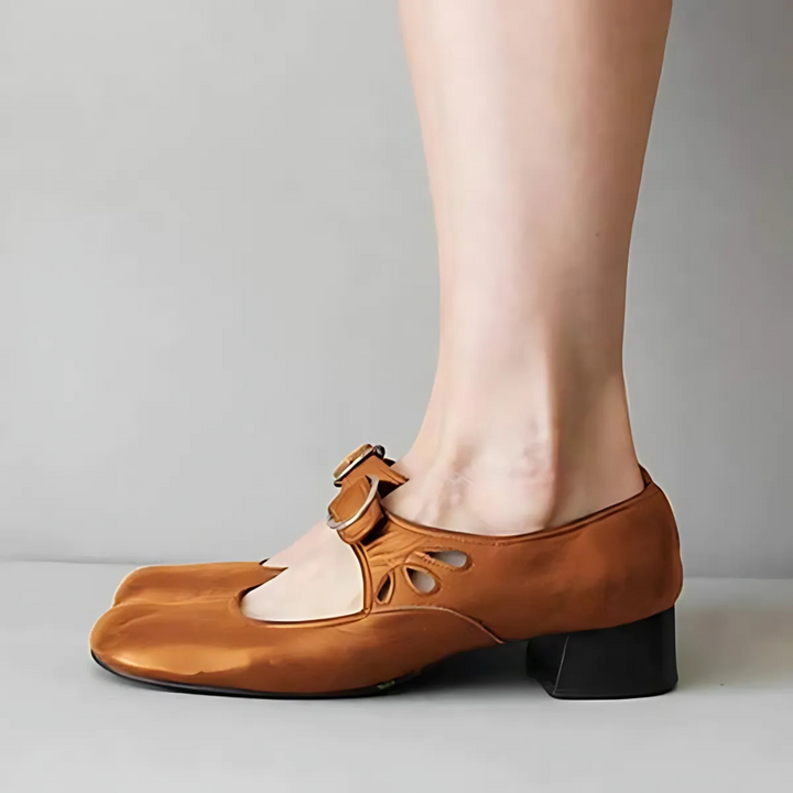 Khaki leather Mary-jane sandals with buckle strap and low block heel, side view