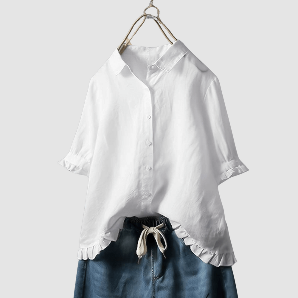 White breathable button-up blouse with short sleeves and ruffled hem