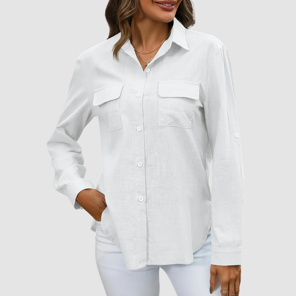 White pocket blouse with long sleeves, button-front placket, and chest flap pockets