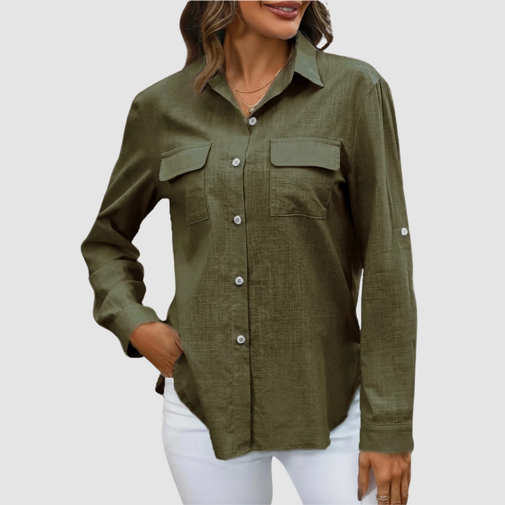 Olive green pocket button-up blouse with point collar and long sleeves
