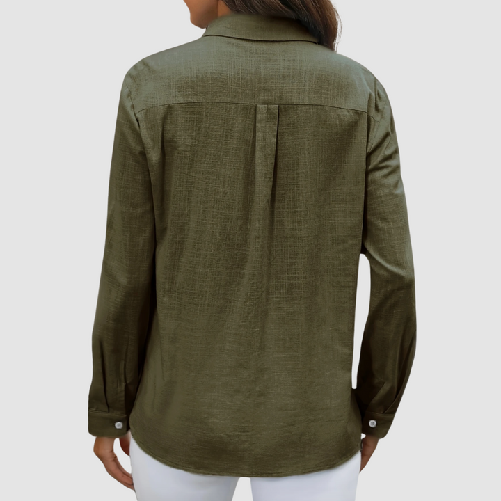 Women's olive button-up blouse, back view with yoke seam and long sleeves