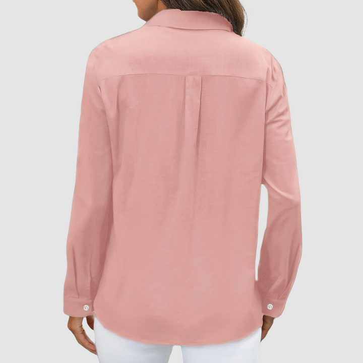 Pink back view pocket button-up blouse with long sleeves