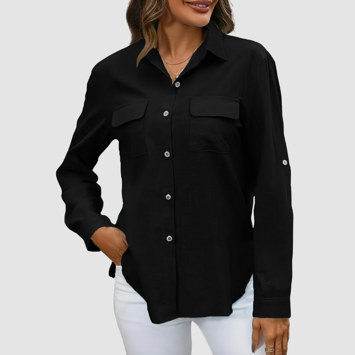 Black pocket blouse with button-front and two chest patch pockets