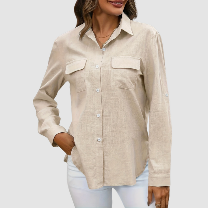 Light beige button-front pocket blouse with long sleeves and chest flap pockets