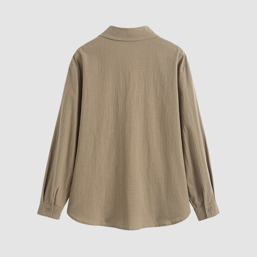 Sand pocket blouse back view with buttoned cuffs