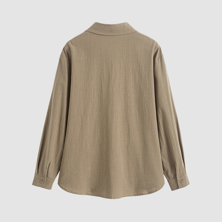 Sand pocket blouse back view with buttoned cuffs