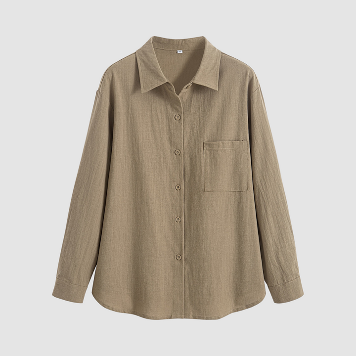 Sand soft pocket blouse with button front and pointed collar
