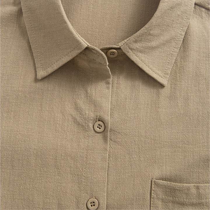 Sand button-front blouse with pointed collar and chest pocket, close-up