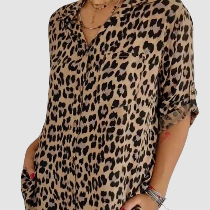 Brown leopard-print button-front blouse with pointed collar and 3/4 sleeves