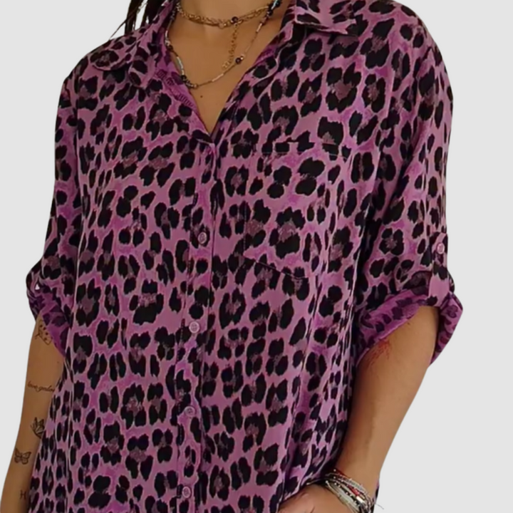 Purple leopard-print button-front blouse with pointed collar and 3/4 sleeves