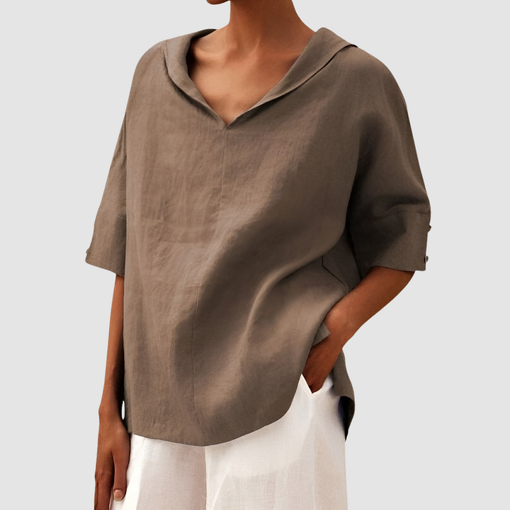 Taupe short-sleeve blouse with V-neck and pointed collar, relaxed fit