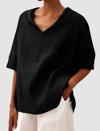 Black linen-look blouse with V-neck and short cuffed sleeves, relaxed fit
