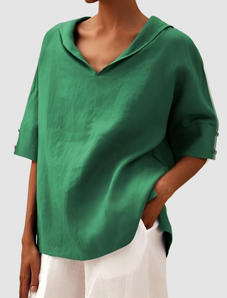 Green linen-look blouse with V-neck and short cuffed sleeves, relaxed fit