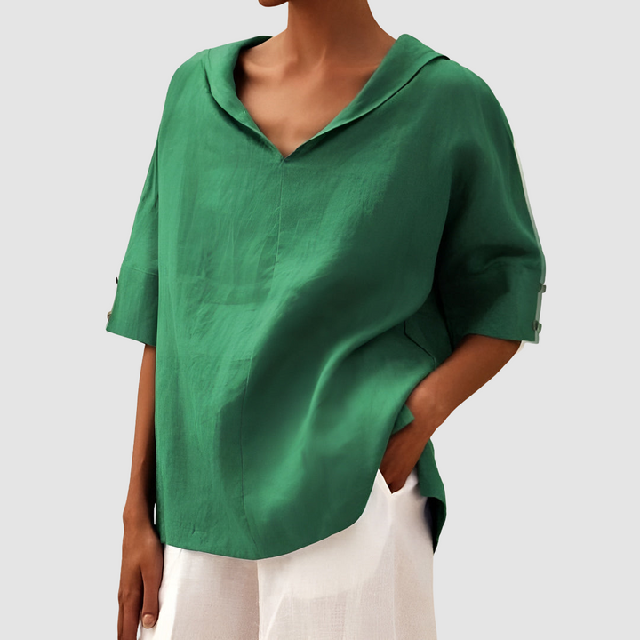 Green linen-look blouse with V-neck and short cuffed sleeves, relaxed fit