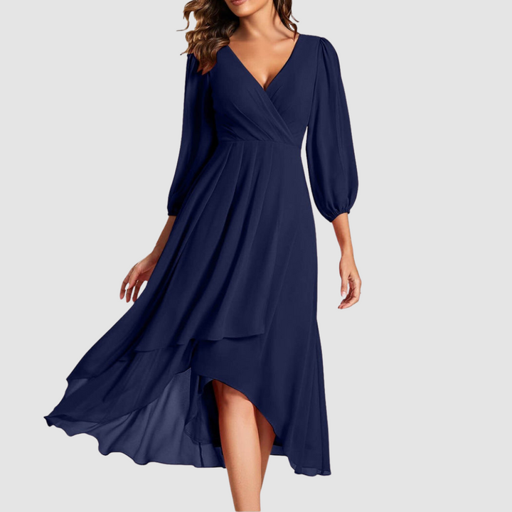 Navy blue V-neck wrap long dress with balloon sleeves and layered skirt, midi hem slit